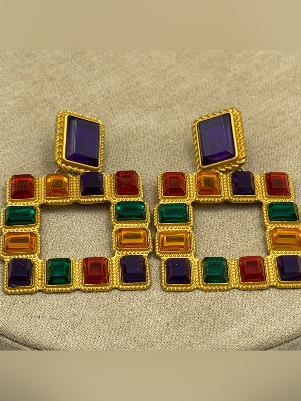 Vintage Gold-Tone Multicolor Gem Square Drop Earrings